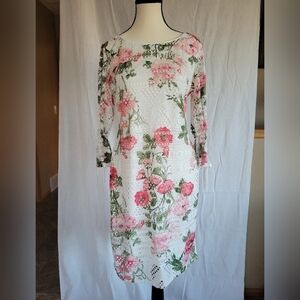 R&K White and Rose floral 3/4 bell sleeve midi dress 4